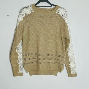 Listicle Size Small Lace Sleeve Tan Brown Light Knit Sweater Roundneck Boho